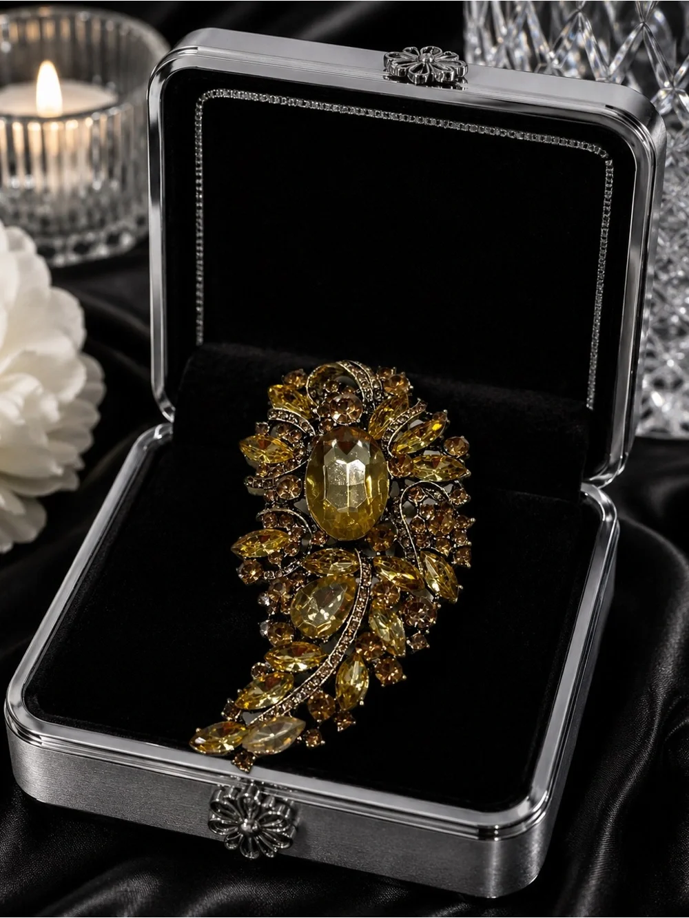 Gold-Tone Citrine Crystal Leaf Brooch - Elegant Women’s Jewelry NWOT